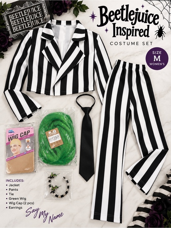 Other - Beetlejuice Inspired Halloween Costume Women's M Striped Suit Wig 6 Piece Set